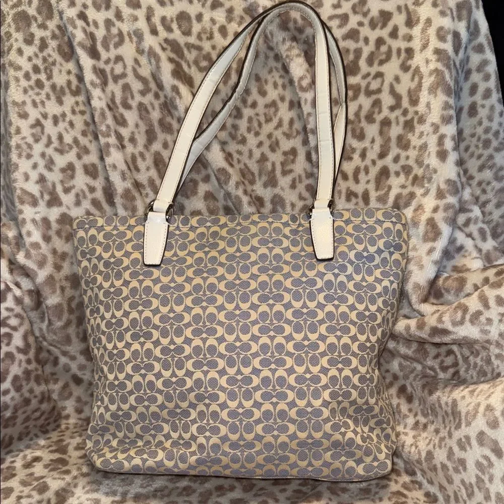 Coach Signature Canvas Shoulder Tote in Beige and Cream